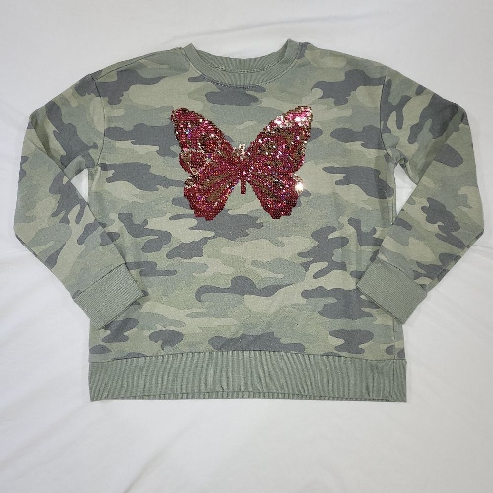The Children’s Place Size M 7/8 Active Flip Sequin Butterfly Camo Sweatshirt